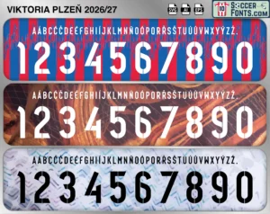 Viktoria Plzen 2026-27 football shirt font showing alphabet letters and jersey numbers