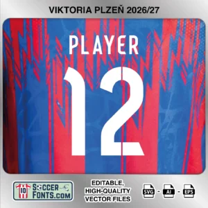 Viktoria Plzen 2026-27 football shirt font on home jersey mockup with player name and number